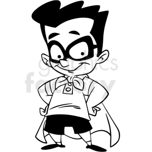 clipart - black and white cartoon kid wearing cape vector clipart.