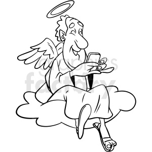 clipart - black and white angel sitting on cloud laughing at his phone vector clipart.
