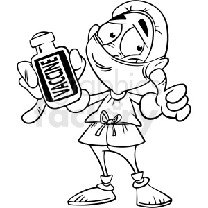 black and white cartoon doctor holding covid 19 vaccine vector clipart .