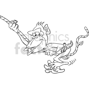 black and white cartoon ape swinging on vine clipart
