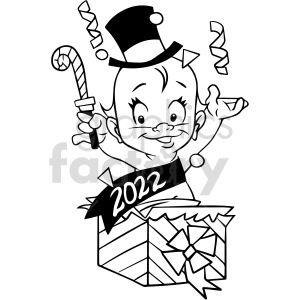clipart - black and white baby new year busting out of present vector clipart.