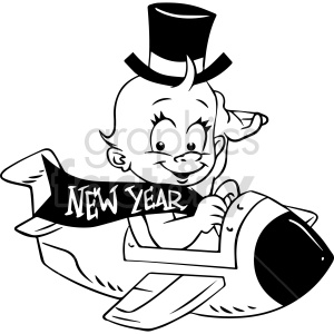 black and white baby new year flying airplane vector clipart .