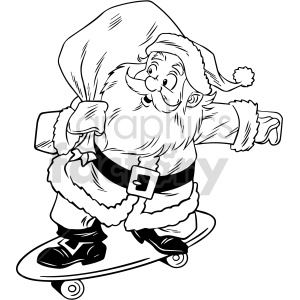 black and white cartoon Santa Clause on skateboard clipart .