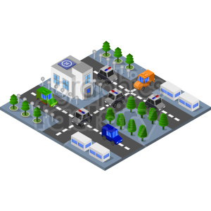 police station and roads isometric vector clipart .