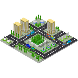 isometric downtown city traffic buildings skyscrappers roads