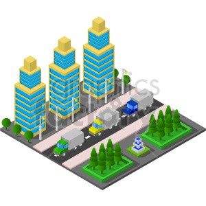 isometric skyscrappers buildings city roads traffic