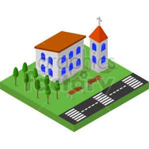 church with road isometric vector clipart .