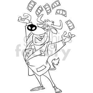 black and white cartoon bull throwing money in the air clipart .