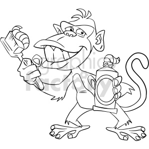 black and white cartoon clipart ape holding tootbrush .