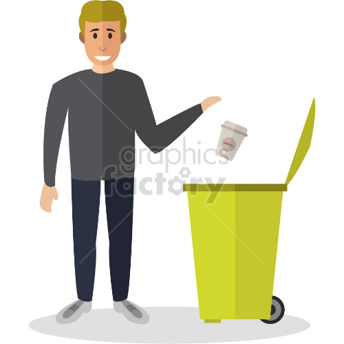 cartoon man throwing trash in a bin vector clipart .
