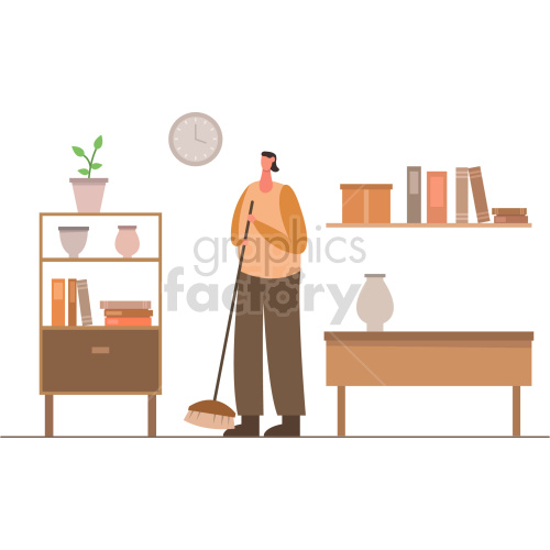 people cleaning broom home illustration