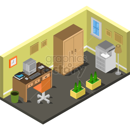 isometric small desk in room vector clipart .