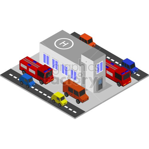 isometric fire station vector graphic clipart.