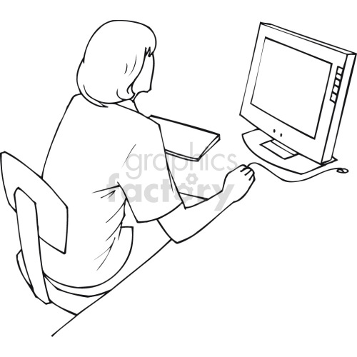 woman working on computer black white clipart.