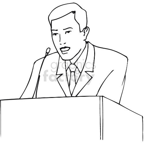 man speaking at podium black white