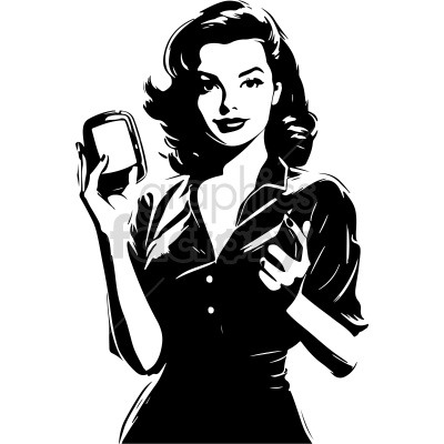 black and white vintage female phone sales person vector clip art