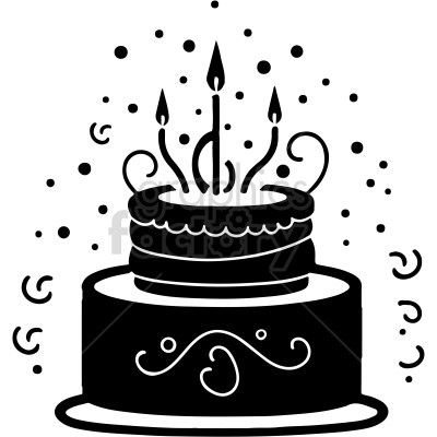 black and white birthday cake with three candles vector clip art