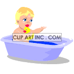 An animated baby splashing in a baby tub with a yellow rubber duckie clipart. Commercial use image # 120939