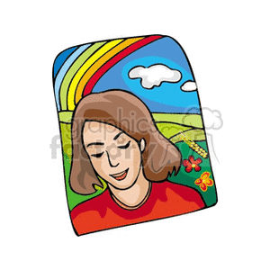 Girl with rainbow under a cloudy sky clipart. Commercial use image # 128393