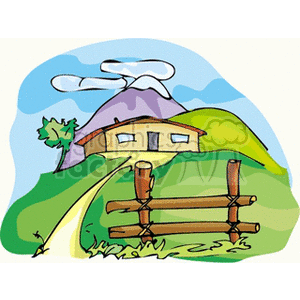 Farmhouse set against rolling hills, blue sky