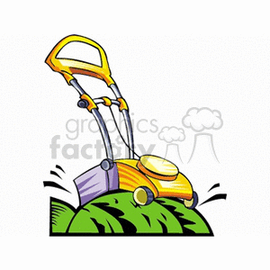 The image depicts a vibrant clipart illustration of a yellow and purple lawn mower cutting green grass. The lawn mower is shown in action with lines indicating movement and grass clippings being dispersed from the side.