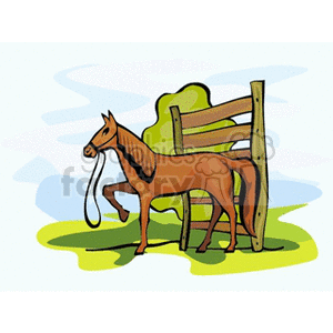 Handsome horse with bridle standing next to fence panel clipart.