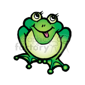 In this image, we can see a cartoon frog with its tongue out. The frog is brightly colored in green and black, and has two large eyes with small white pupils. Its tongue is sticking out, and its mouth is slightly open.