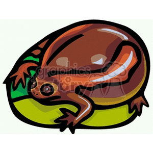 The image shows a stylized, cartoonish depiction of an oversized, bloated frog. It has exaggerated features such as a very large, rounded body, depicted in a brownish-red color, with a green underside. The frog's eyes are wide and bulging, and it appears to be sitting on a green surface that might represent a lily pad or leaf.