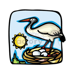 Colorful picture of stork standing over a nest full of eggs clipart.