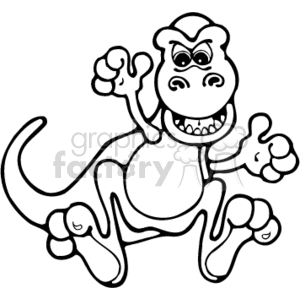 The clipart image shows a cartoon black and white drawing of a standing tyrannosaurus rex dinosaur. It is standing up with its arms spread out. 