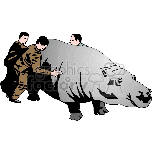 Big Gray Hippo and three Men