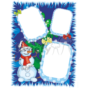 clipart - Christmas photo frame with a snowman and ribbons.
