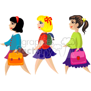 Three Girls Walking to school clipart.