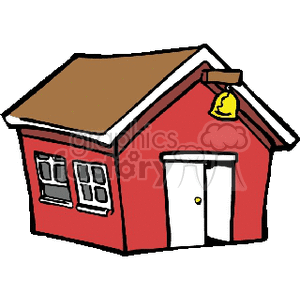 clipart - Small red cartoon school house with a bell in front.
