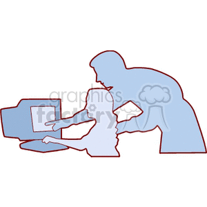 Silhouette of a student and teacher learning on a computer 