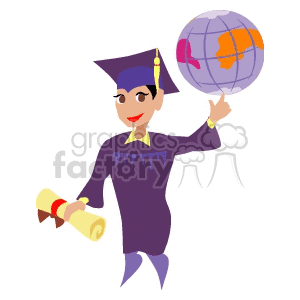 A Man in a Cap and Gown Holding his Diploma and Spinning the Globe clipart.