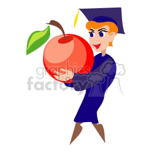 clipart - Cartoon student holding an apple wearing a cap and gown.