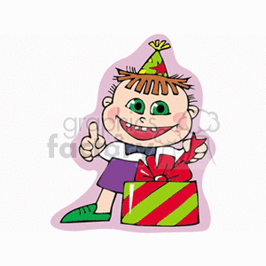 Happy Boy Wearing a Party Hat Opening a Gift clipart. Royalty-free image # 142928