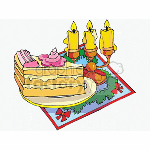 Christmas Table Setting with Tree Burning Candles and a Slice of Cake clipart. Royalty-free image # 143077