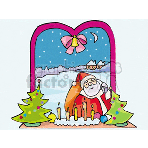 clipart - Sant Claus Looking in a Decorated Window with Christmas Trees and Candles.