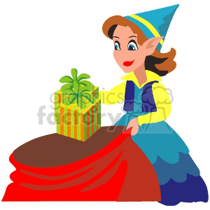 Elf Placing Gifts in Santa's Bag clipart. Royalty-free image # 143468