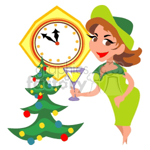 clipart - Woman Holding a Glass Counting Down the New Year By a Decorated Christmas Tree.