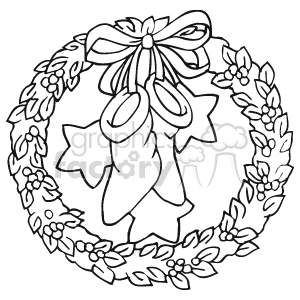 Black and White Wreath with Bow Holding Stockings and Stars clipart.