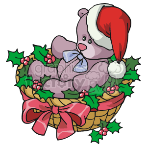 clipart - Christmas Bear Wearing a Santa Hat in a Basket Full of Holly Berry.