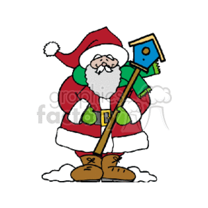 standing_santa_w_birdhouse_on_pole clipart. Commercial use image # 144069