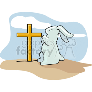 Rabbit praying to the cross on Easter clipart.