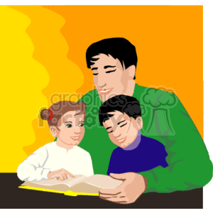 clipart - Father reading a book to his daughter and son.