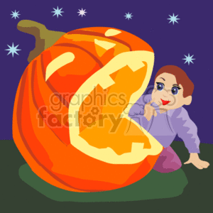 Child crawling next to a huge pumpkin on Halloween night clipart. Royalty-free image # 144473
