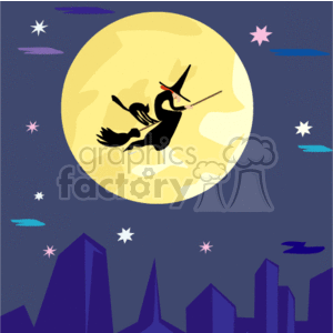 clipart - witch flying on her broom over a city.
