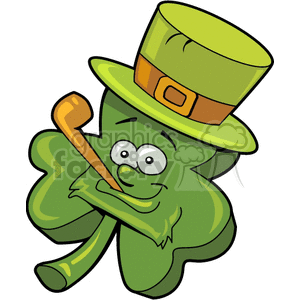 A Green Three Leaf Clover with a Silly Face a Pipe and a Green Irish Top Hat  clipart.